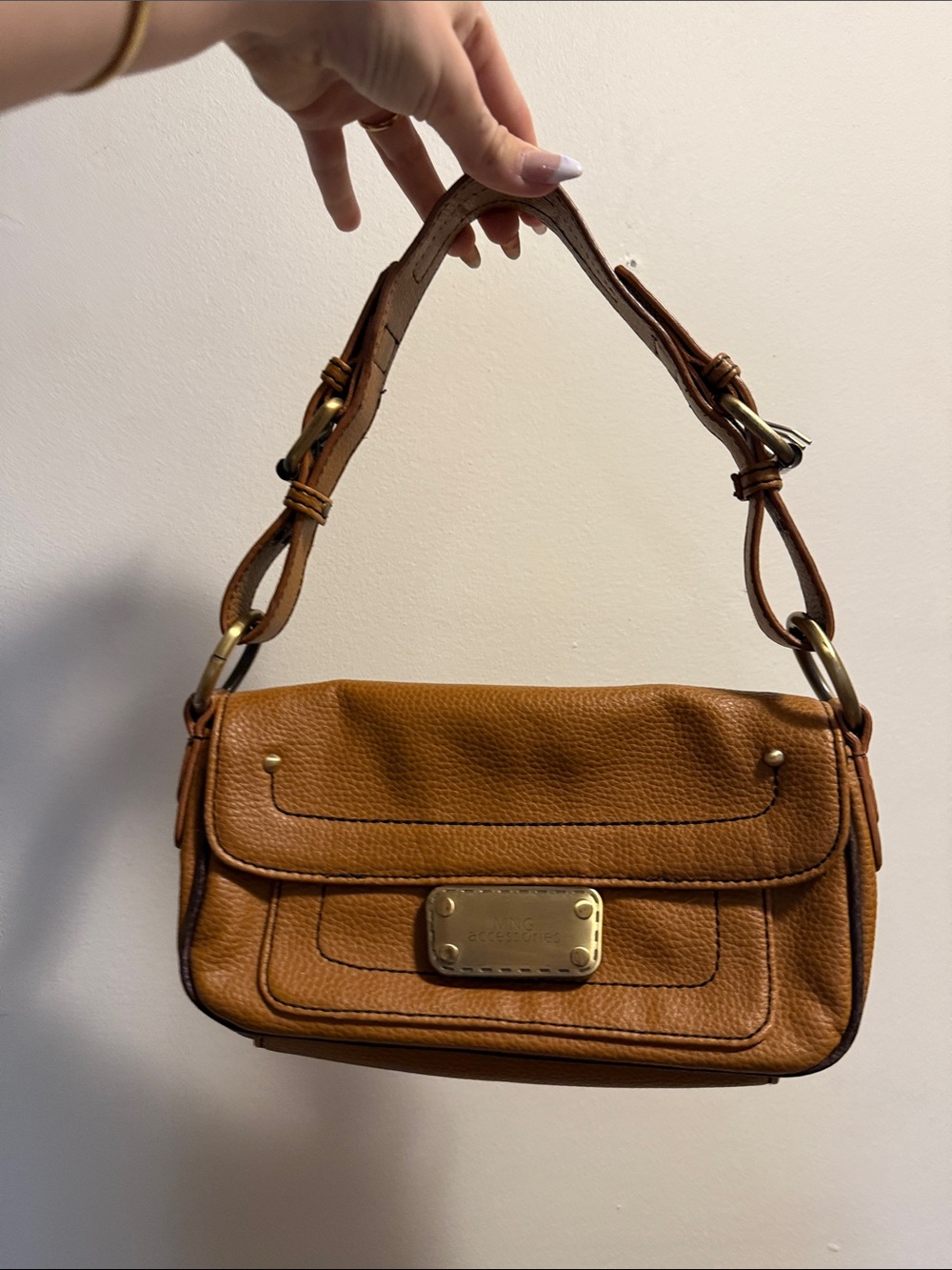 MANGO Tan Leather Shoulder Bag with Brass Plaque